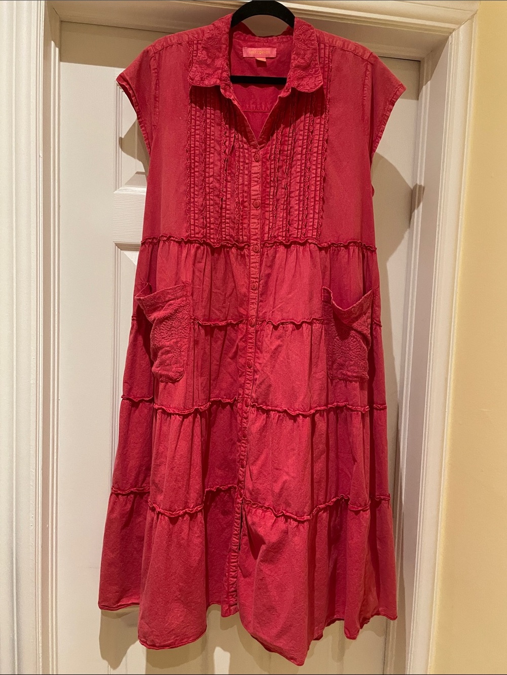 April Cornell Washed Red Cotton Tiered Midi Dress Lace Pockets XXL Cottagecore